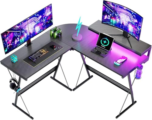 Bestier L-förmiger Gaming-Schreibtisch, 140 cm, Computertisch mit LED-Leuchten, Eckschreibtisch mit Getränkehalter, Ergonomischer Moderner Arbeitsplatz für das Heimbüro von Bestier