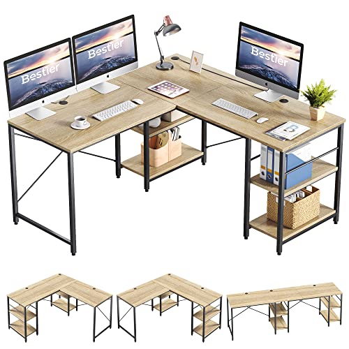 Bestier L-förmiger Schreibtisch mit Regalen, umkehrbar, stabil, Computerarbeitsplatz mit 2 Kabellöchern, Eckschreibtisch 120 cm, industriell lang 240 cm von Bestier