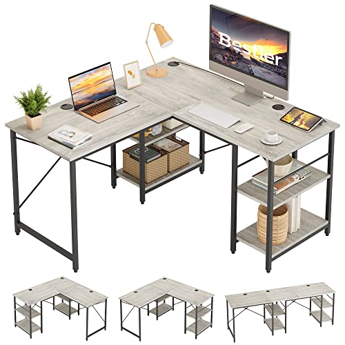 Bestier L-förmiger Schreibtisch mit Regalen Reversibel Eckschreibtisch 220CM Industrieller Langen Tisch Stabil Schreibtisch L Form Computer Workstation mit 3 Kabellöchern von Bestier