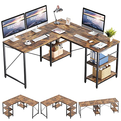 Bestier L-förmiger Schreibtisch mit Regalen Reversibel Eckschreibtisch 240CM Industrieller Langen Tisch Stabil Schreibtisch L Form Computer Workstation mit 3 Kabellöchern von Bestier