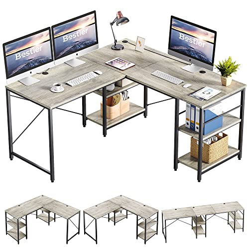 Bestier L-förmiger Schreibtisch mit Regalen Reversibel Eckschreibtisch 240CM Industrieller Langen Tisch Stabil Schreibtisch L Form Computer Workstation mit 3 Kabellöchern von Bestier