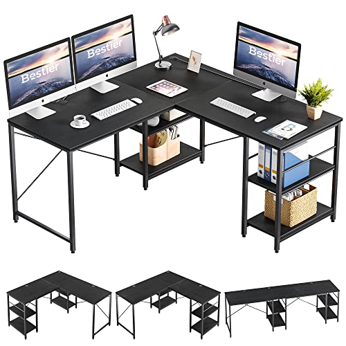 Bestier L-förmiger Schreibtisch mit Regalen Reversibel Eckschreibtisch 240CM Industrieller Langen Tisch Stabil Schreibtisch L Form Computer Workstation mit 3 Kabellöchern von Bestier