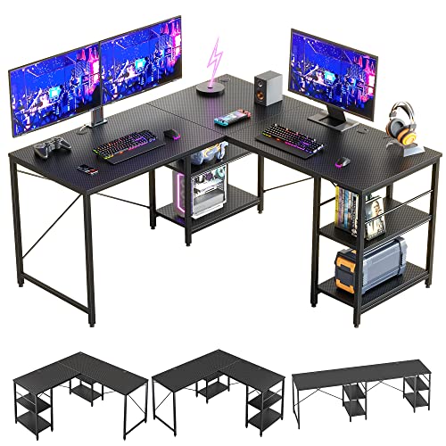 Bestier L-förmiger Schreibtisch mit Regalen Reversibel Eckschreibtisch 240CM Industrieller Langen Tisch Stabil Schreibtisch L Form Computer Workstation mit 3 Kabellöchern von Bestier