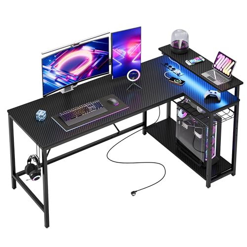 Bestier 147 cm LED Eckschreibtisch mit USB-Ladeanschluss und Steckdose, Gaming Tisch L Form, Großer L Schreibtisch mit Regal & Monitorständer, Links und rechts tauschen, für Büro, Schlafraum, Schwarz von Bestier