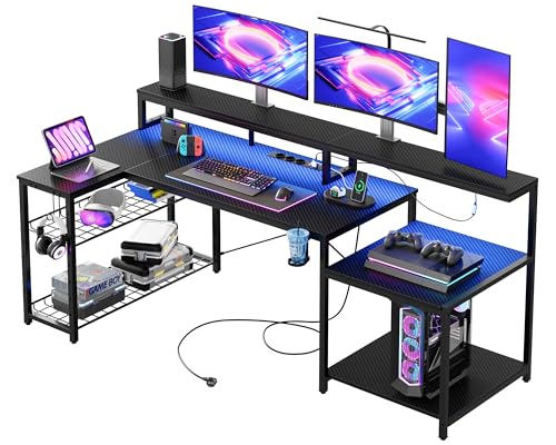 Bestier Gaming Tisch, 181x80 cm Schreibtisch mit LED-Leuchten, L-förmiger Schreibtische mit 3 AC-Steckdosen und 2 USB Ladeanschluss, Computertisch mit großzügiger Monitorablage, Kohlefaser Schwarz von Bestier