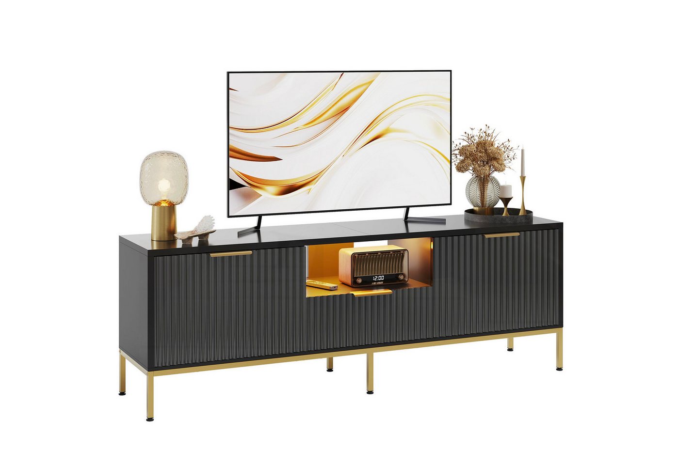 Bestier Lowboard Der glänzende Fernsehschrank bietet Stauraum und LED-Beleuchtung., Türfront mit glänzendem Wellenmuster und Schubladen von Bestier