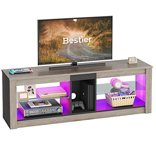 Bestier TV-Schrank, Lowboard für 65 Zoll & kleinere TVs, 140 x 35 x 47 cm, Fernsehschrank mit RGB-LED-Leuchten, Fernsehtisch mit integriertes Kabelmanagement, verstellbare Glasschale, Oak Farbe von Bestier