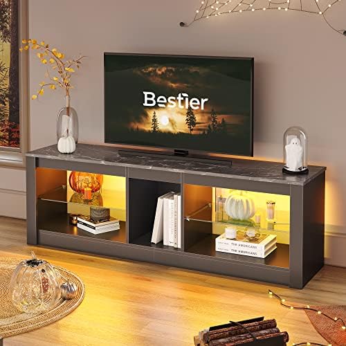 Bestier TV Schrank, Fernsehtisch 140CM Modernes TV Board mit Glasregal RGB LED Beleuchtet für 65" TVs, TV Fernsehschrank mit Ambient Lights für Wohnzimmer Schlafzimmer Unterhaltungsgerät, Schwarz von Bestier