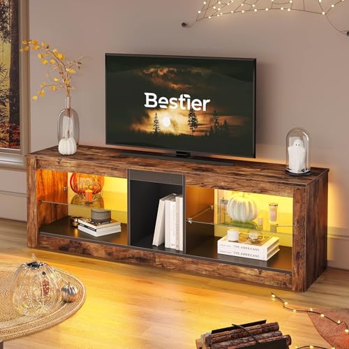 Bestier TV Schrank, Fernsehtisch 140CM Modernes TV Board mit Glasregal RGB LED Beleuchtet für 65" TVs, TV Fernsehschrank mit Ambient Lights für Wohnzimmer Schlafzimmer Unterhaltungsgerät, Braun von Bestier