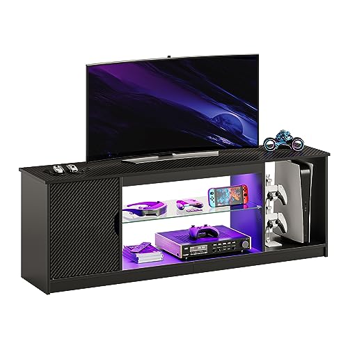 Bestier TV-Schrank, Lowboard für 65 Zoll & kleinere TVs,148 x 35 x 52 cm, Fernsehschrank mit RGB-LED-Leuchten,Fernsehtisch mit verstellbaren Glasböden für Wohnzimmer Schlafzimmer, Schwarze Kohlefaser von Bestier