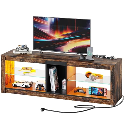 Bestier TV Schrank Lowboard für Fernseher bis zu 65 Zoll TV Board mit 3 Steckdosen und 2 USB Ladeanschluss Fernsehschrank mit lasregal und LED Beleuchtung für Wohnzimmer Schlafzimmer Retro Braun von Bestier