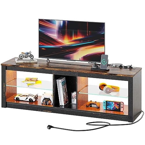 Bestier TV Schrank Lowboard für Fernseher bis zu 65 Zoll TV Board mit 3 Steckdosen und 2 USB Ladeanschluss Fernsehschrank mit lasregal und LED Beleuchtung für Wohnzimmer Schlafzimmer Schwarzes Gold von Bestier