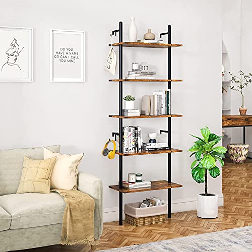 Bestier Bücherregal gegen Wand mit 5 Regal 180 x 60cm Hoch Würfelregal mit Metallrahmen Bücherschrank Vintage Standregal Leiterregal Book Shelves für Wohnzimmer Schlafzimmer Büro Küche, braun von Bestier