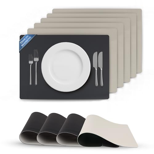 Bestlivings Tischset (6er Set) abwischbares Lederimitat Platzdeckchen 46x33cm - Doppelseitiges (Schwarz/Hellgrau) Kunstleder Platzset von Bestlivings