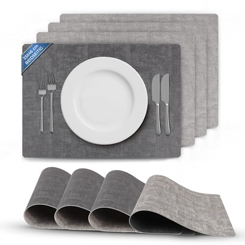 Bestlivings Tischset Struktur (4er Set) abwischbares Lederimitat Platzdeckchen 46x33cm - Doppelseitiges (Grau/Dunkelgrau) Kunstleder Platzset von Bestlivings