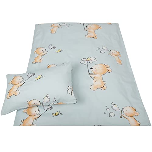 Kinder Bettwäsche 2-TLG (100x135cm / 40x60cm) Bettdecken Set, 100% Baumwolle - Babybettwäsche mit Motiv - Bärchen Blau von Bestlivings