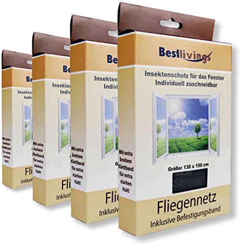 Mückennetz 4er Pack für Ihr Fenster 130x150 cm selbstklebend, in verschiedenen Ausführungen verfügbar (Schwarz/ *Premium*) von Bestlivings