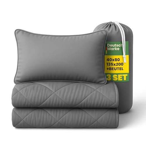 Bestlivings Reise Bettenset 2tlg - Anthrazit - (135x200cm / 40x80cm) Sommer-Bettdecke inkl Reisetasche ÖKO-Tex 100 - Wendedecke für Reisen, Urlaub, Camping, Festival von Bestlivings