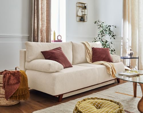 Bestmobilier Cristal - 3-Sizter Sofa - schlaffunktion und bettkasten - aus cordsamt Beige von Bestmobilier