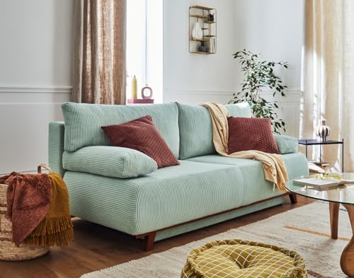 Bestmobilier Cristal - 3-Sizter Sofa - schlaffunktion und bettkasten - aus cordsamt Blau von Bestmobilier