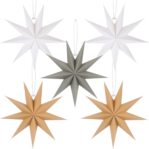 BestoFun 5 Stück Papiersterne Weihnachten Braun 30cm Grau 9 Zacken Papiersterne Faltsterne Aufhängen Weiß Weihnachten Dekoration für Tischdeko Weihnachten Zimmer Hochzeit von BestoFun