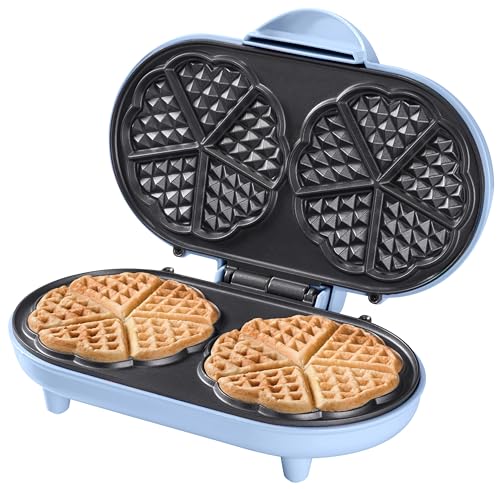 Bestron Doppel-Waffeleisen für klassische Herzwaffeln, Herzwaffeleisen mit Backampel & Antihaftbeschichtung, ideal für Kindergeburtstage, Ostern & Weihnachten, Farbe: Blau von Bestron