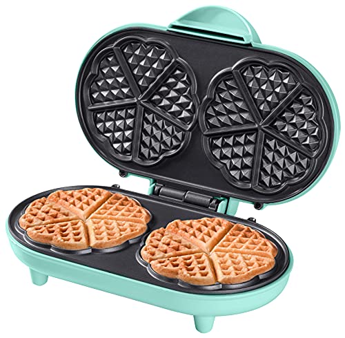 Bestron Doppel-Waffeleisen für klassische Herzwaffeln, Herzwaffeleisen mit Backampel & Antihaftbeschichtung, ideal für Kindergeburtstage, Ostern & Weihnachten, Farbe: Mint von Bestron