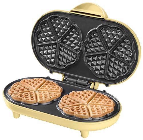 Bestron Doppel-Waffeleisen für klassische Herzwaffeln, Herzwaffeleisen mit Backampel & Antihaftbeschichtung, ideal für Kindergeburtstage, Ostern & Weihnachten, Farbe: Gelb von Bestron