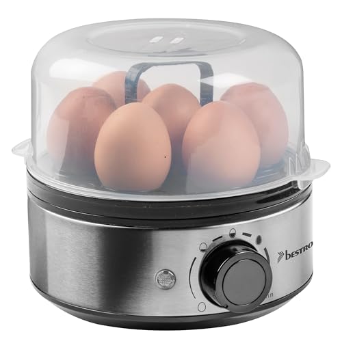 Bestron Eierkocher für 7 Eier, mit akustischen Signalton & Trockenlaufschutz, stufenlose Härtegradeinstellung für drei Stufen, inkl. Messbecher & Eierstecher, Farbe: Silber von Bestron