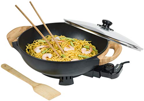 Bestron AEW100AS Elektrischer Wok mit Bambusgriffen, XL-Wokpfanne mit Glasdeckel im Asia Design, Inklusive Bambusspatel, 2 Kochstäbchen & Rezeptbuch, 1.500 W, Schwarz, Metal, 5 liters von Bestron