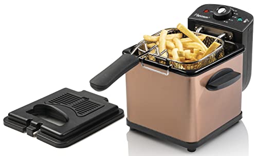 Bestron Öl-Fritteuse, Mini Fritteuse für 1 Portion Pommes, Fisch oder Nuggets, inkl. Kaltzonentechnologie & Temperaturkontrolle bis 190°C, mit Edelstahlkorb, Sichtfenster & Ölfilter, Farbe: Kupfer von Bestron