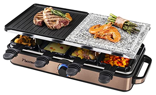 Bestron 2-in-1 Raclette-Partygrill: elektrisches Raclette für bis zu 8 Personen, kratzfester Naturgrillstein & antihaftbeschichtete Grillplatte, 8 Pfännchen & 8 Schaber, 1.400 Watt, Farbe: Kupfer von Bestron