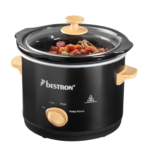 Bestron Slowcooker für 2 Personen, Schongarer mit Keramikpfanne & Glasdeckel, 3 Stufen-Thermostat, ideal für viele Gerichte wie Fleisch, Suppen & Gemüse, 1.5 Liter, Black & Wood, Farbe: Schwarz/Holz von Bestron