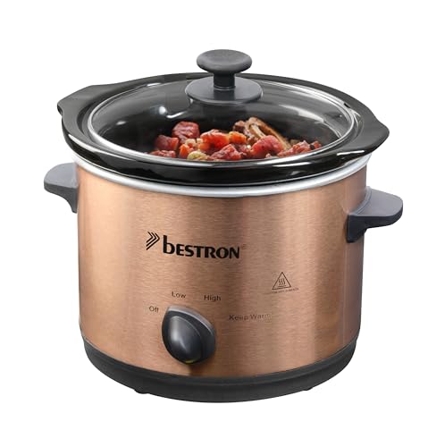 Bestron Slowcooker für 2 Personen, Schongarer mit Keramikpfanne & Glasdeckel, 3 Stufen-Thermostat, ideal für viele Gerichte wie Fleisch, Suppen & Gemüse, 1.5 Liter, Copper Collection, Farbe: Kupfer von Bestron