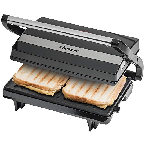 Bestron elektrischer Kontaktgrill mit Auffangschale, Sandwichmaker mit Cool-Touch-Handgriff, Paninimaker mit Antihaftbeschichtung, 700 Watt, APM123Z, Farbe: Schwarz, 22,5 x 14 cm von Bestron