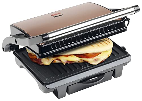 Bestron elektrischer Kontaktgrill mit Auffangschale, Sandwichmaker mit Cool-Touch-Handgriff & Antihaftbeschichtung, Paninimaker mit 1000 Watt, ASW113CO, Farbe: Kupfer, Ø 28,5 cm von Bestron