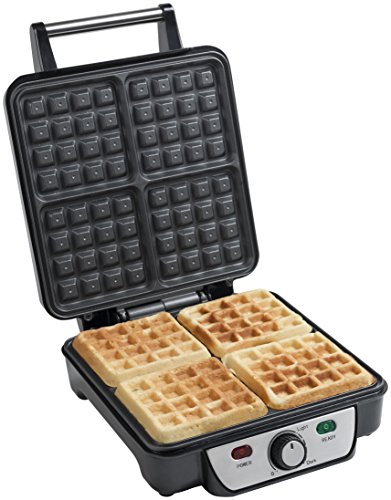 Bestron Brüsseler Waffeleisen für 4 belgische Waffeln, Waffelmaker für extra dicke Waffeln, mit Antihaftbeschichtung & wärmeisolierten Handgriff, 1100 Watt, Edelstahl, Farbe: Silber/Schwarz von Bestron