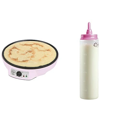 Bestron Crêpes Maker, inkl. Teigportionierer für 700ml mit Skala, Ideal zum Befüllen des Crêpes-Geräts, Farbe Gerät: Rosa, Teigflasche: Weiß von Bestron