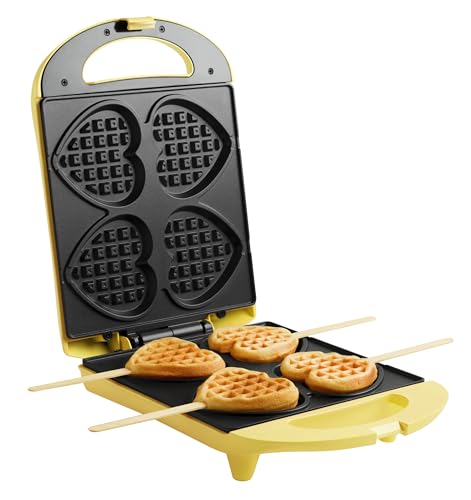 Bestron Waffeleisen für Herzwaffeln am Stiel, Waffelmaker mit Antihaftbeschichtung für Herzform-Waffeln, Retro Design, 780 Watt, Farbe: Gelb von Bestron