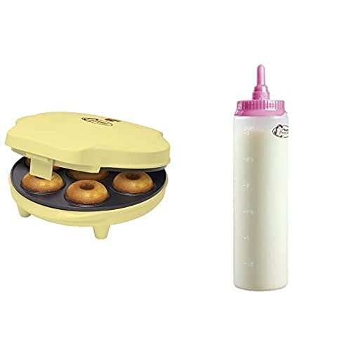 Bestron Donut Maker, inkl. Teigportionierer für 700ml mit Skala, Ideal zum Befüllen des Donut-Geräts, Farbe Gerät: Gelb, Teigflasche: Weiß von Bestron