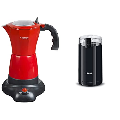 Bestron Elektrischer Espresso-Kocher mit Basis, Viva Italia, Für 6 Espressotassen: 180 ml, 480 Watt, Aluminium, Rot & Bosch Hausgeräte TSM6A013B Kaffeemühle, Schwarz von Bestron