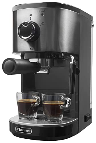 Bestron Espressomaschine für 2 Tassen, Kolbenmaschine mit schwenkbarer Dampfdüse, inkl. integriertem Tassenwärmer, herausnehmbarem Wassertank & 15 Bar Pumpendruck, 1.450 Watt, Farbe: Silber von Bestron