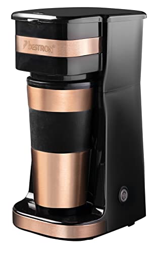 Bestron Kaffeemaschine mit Isolierbecher, Camping Kaffeemaschine für gemahlenen Filterkaffee, kleine Kaffeemaschine für 2 Große Tassen, 750 Watt, Farbe: Kupfer von Bestron