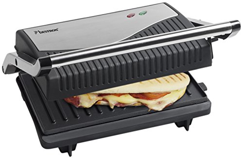 Bestron Kontaktgrill mit Auffangschale, Sandwichmaker mit Cool-Touch-Handgriff, 180° Aufklappbar & mit Antihaftbeschichtung, 750 Watt, APG150, Farbe: Silber/Schwarz von Bestron