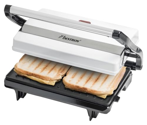 Bestron Kontaktgrill mit Auffangschale, Sandwichmaker mit Cool-Touch-Handgriff, Paninimaker mit Antihaftbeschichtung, 700 Watt, APM123W, Farbe: Weiß von Bestron