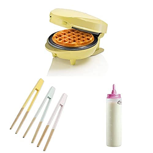 Bestron Mini-Waffeleiesen, inkl. Servierzangen-Set und Teigportionierer für 700ml mit Skala, Farbe Gerät: Gelb, Servierzangen: Mehrfarbig, Teigflasche: Weiß von Bestron