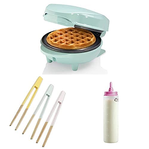 Bestron Mini-Waffeleiesen, inkl. Servierzangen-Set und Teigportionierer für 700ml mit Skala, Farbe Gerät: Mint, Servierzangen: Mehrfarbig, Teigflasche: Weiß von Bestron