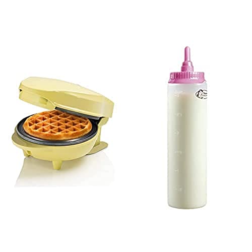 Bestron Mini-Waffeleisen, inkl. Teigportionierer für 700ml mit Skala, Ideal zum Befüllen des Waffeleisens, Farbe Gerät: Gelb, Teigflasche: Weiß von Bestron