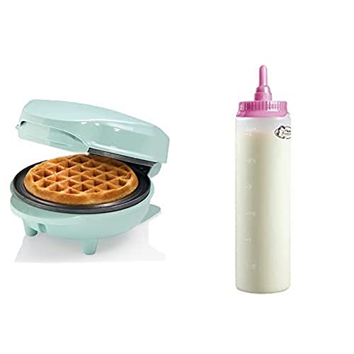 Bestron Mini-Waffeleisen, inkl. Teigportionierer für 700ml mit Skala, Ideal zum Befüllen des Waffeleisens, Farbe Gerät: Mint, Teigflasche: Weiß von Bestron