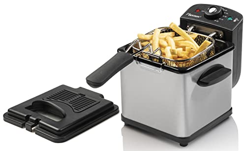 Bestron Öl-Fritteuse, Mini Fritteuse für 1 Portion Pommes, Fisch oder Nuggets, inkl. Kaltzonentechnologie & Temperaturkontrolle bis 190°C, mit Edelstahlkorb, Sichtfenster & Ölfilter, Farbe: Silber von Bestron